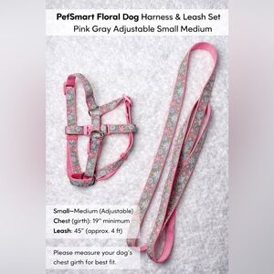 Floral Dog Harness & Leash Set Pink Gray Adjustable Small Medium
